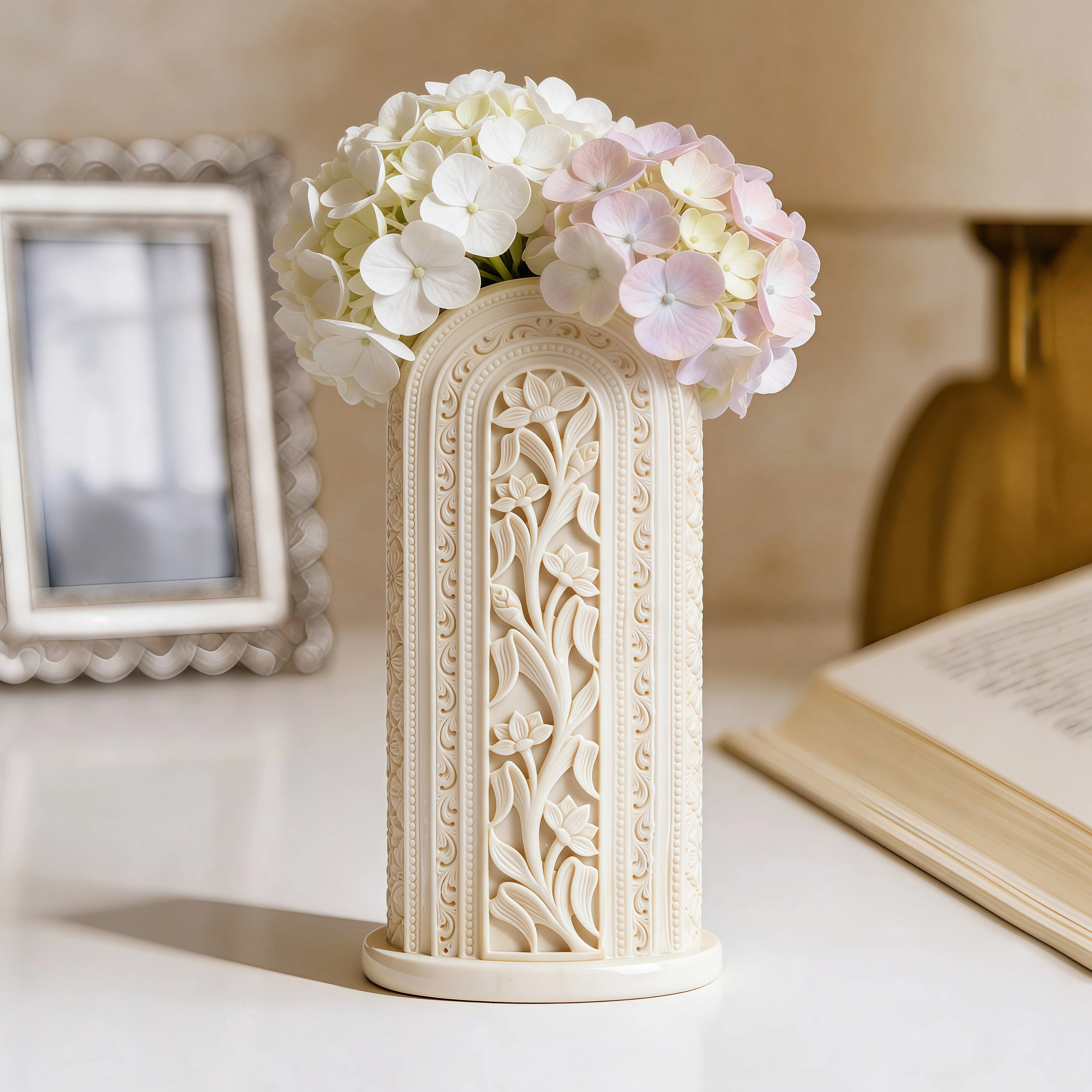 Ivory Look-Alike Dual Harmony Vases 10 Inch