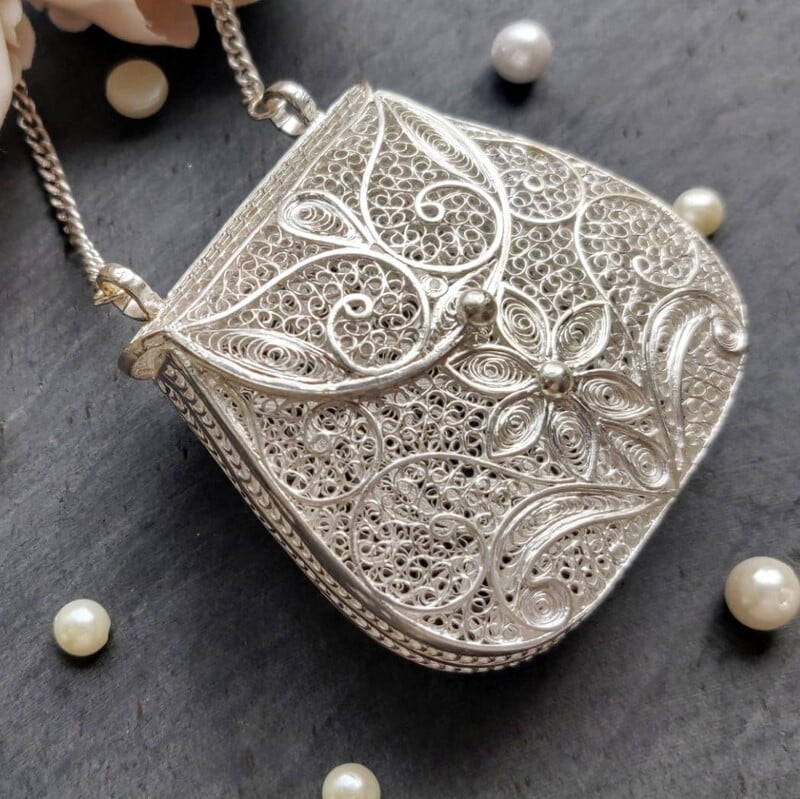 Silver filigree coin/ginni bag