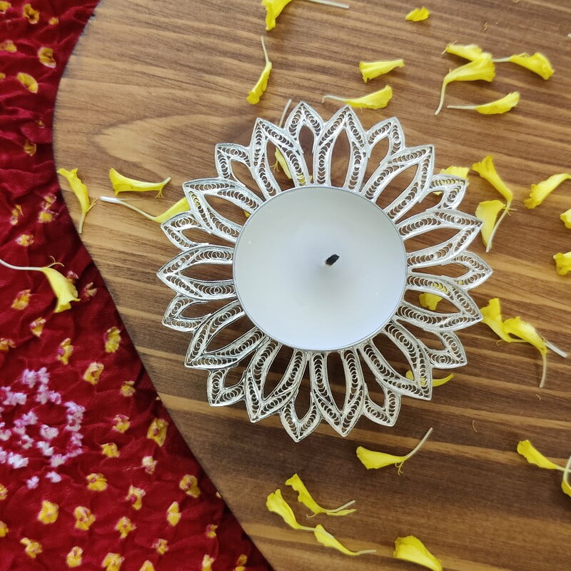 Enchanted Sunflower Silver Filigree Diya