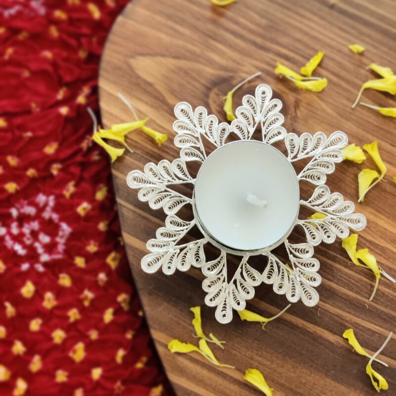 Fleur D'amour Silver Filigree Diya