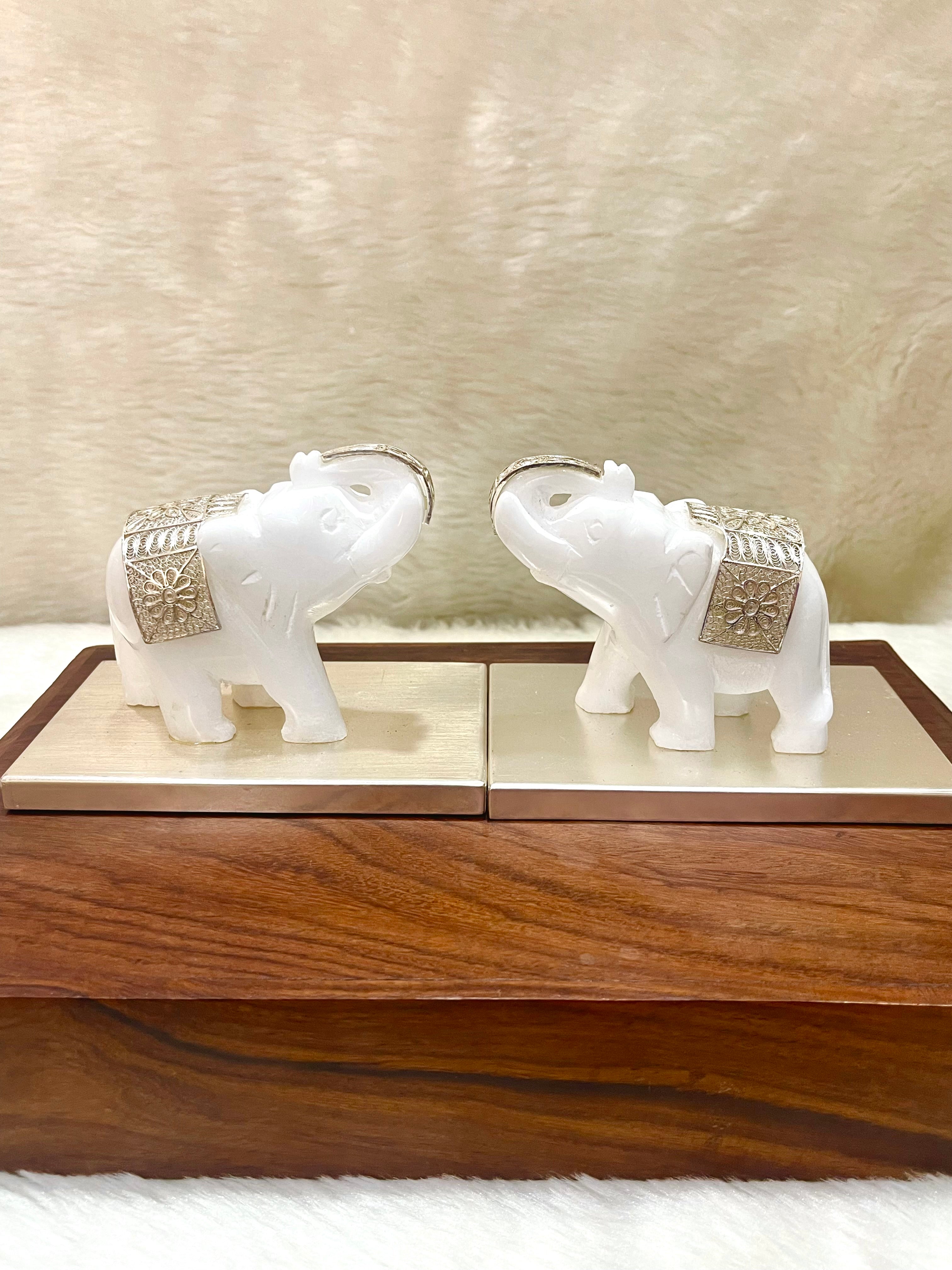 Silver Filigree White Marble Elephant Showpiece 2.5 inch
