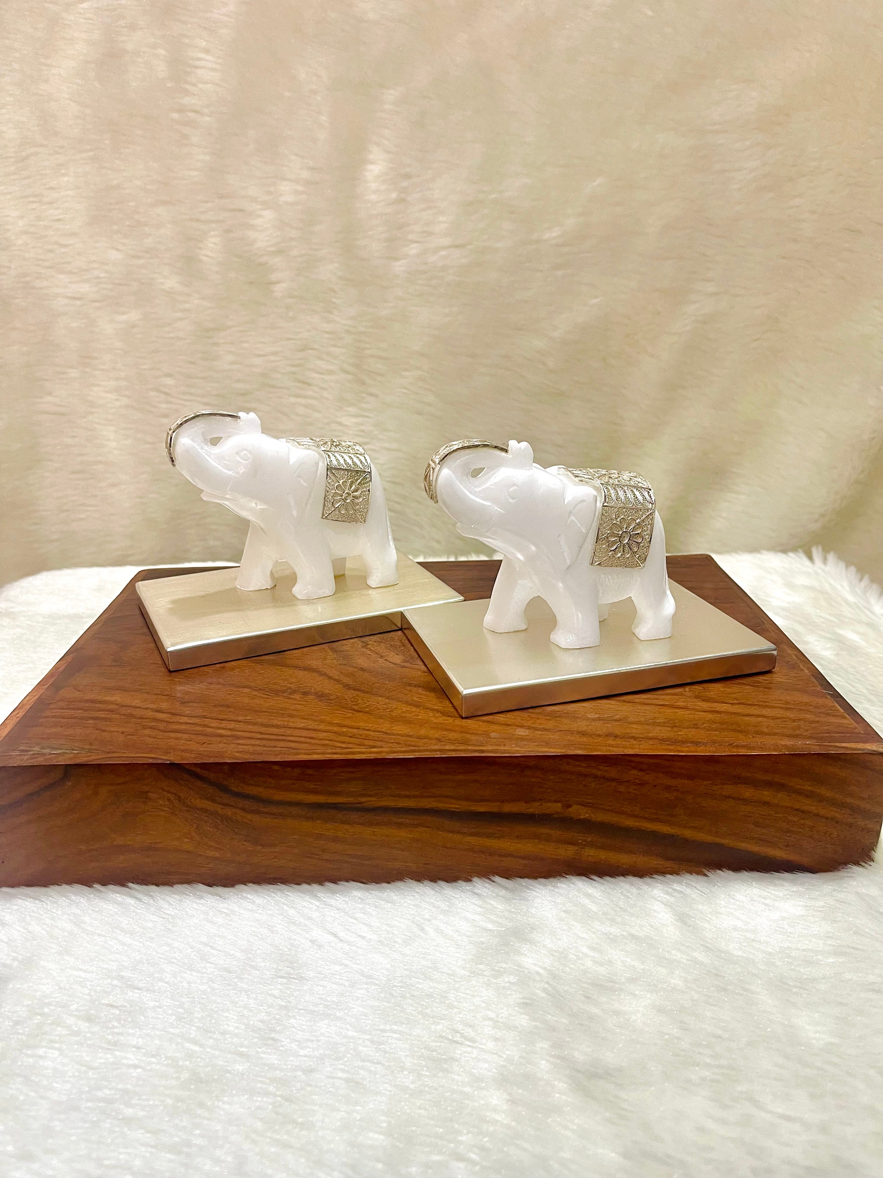 Silver Filigree White Marble Elephant Showpiece 2.5 inch