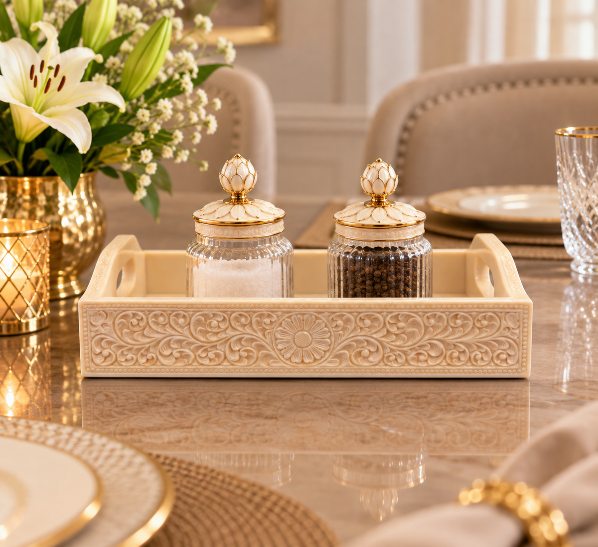 Ivory serving floral tray