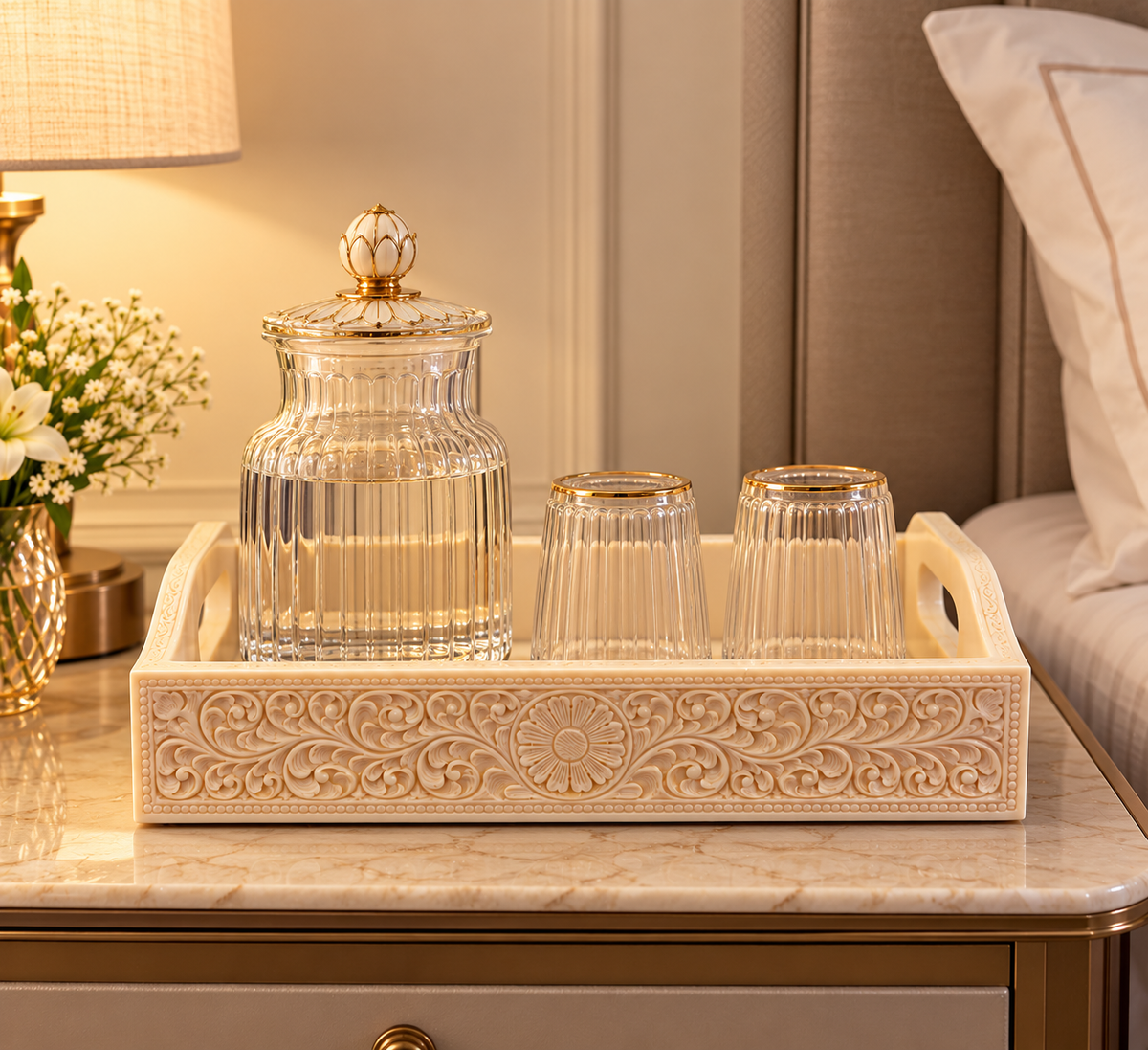 Ivory serving floral tray